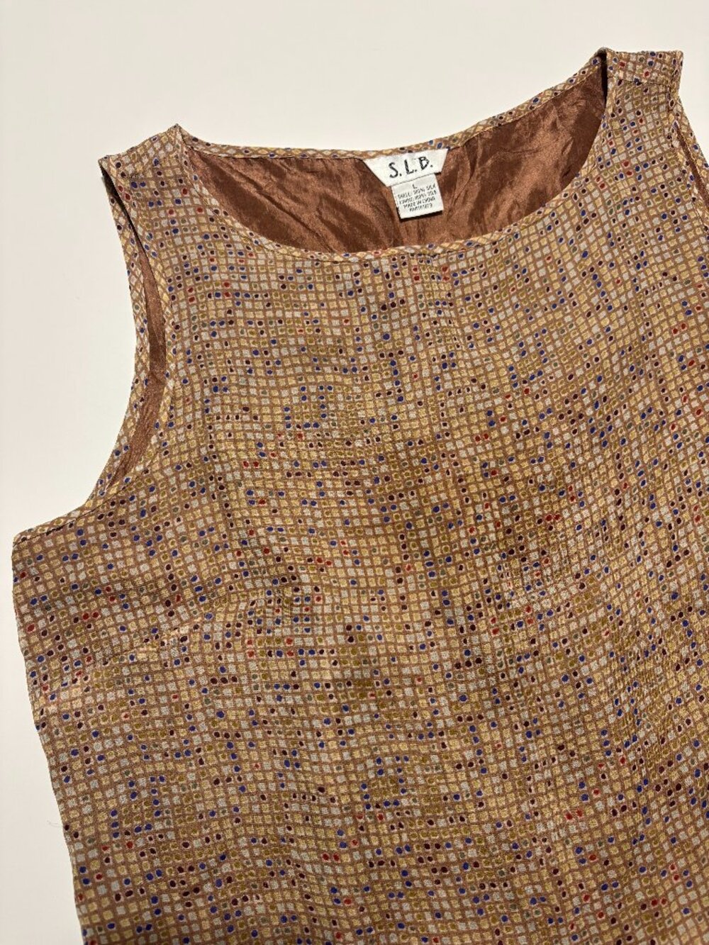 S.L.B. BROWN & MULTI COLORED PATTERNED SILK TANK TOP